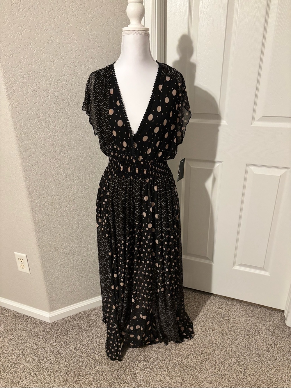 Enfocus Studio Black and Nude Polka Dot V-Neck Maxi Dress